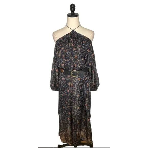 Zimmermann 3 Havoc Suspend SILK Maxi Dress Metallic Threads Off Shoulder Navy L - Picture 6 of 14